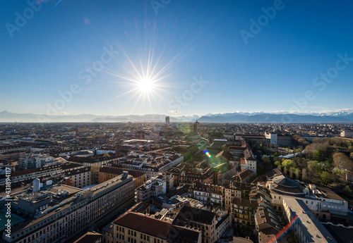 Aerial view of the city of Turin (Torino) from the Mole Antonelliana with the Italian Alps on the horizon,  Piedmont (Piemonte), Italy, Europe. © Alberto Masnovo