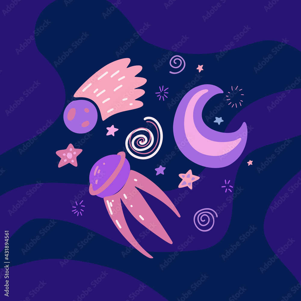 Childrens illustration of a space satellite, crescent moon, Saturn and stars on dark violet background. Space adventure. Galaxy exploration. Vector hand drawn flat illustration