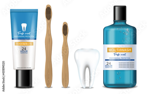 Mouthwash and dental bamboo brush Vector realistic. Product placement mock ups