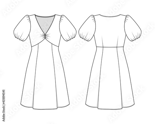 Fashion technical drawing of dress with puffy sleeves.