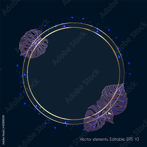 Gold frame. A circle in gold castings of fitters. On a dark gray background. Glowing sparks and dots. Place for your text.