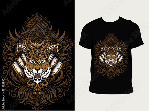 illustration vector tiger samurai head with antique engraving ornament