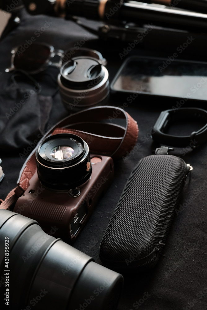flat lay mirrorless camera and daily stuff flat lay mirrorless camera and daily stuff