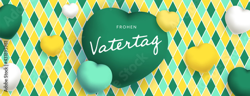 Frohen Vatertag sous forme de carte ou bannière, poster ou flyer, avec des losanges et coeurs jaunes, vert et blancs