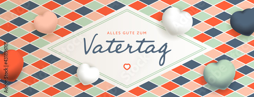 Alles Gute Zum Vatertag sous forme de carte ou bannière, poster ou flyer, avec des losanges et coeurs rouges, roses, bleus, verts et blancs