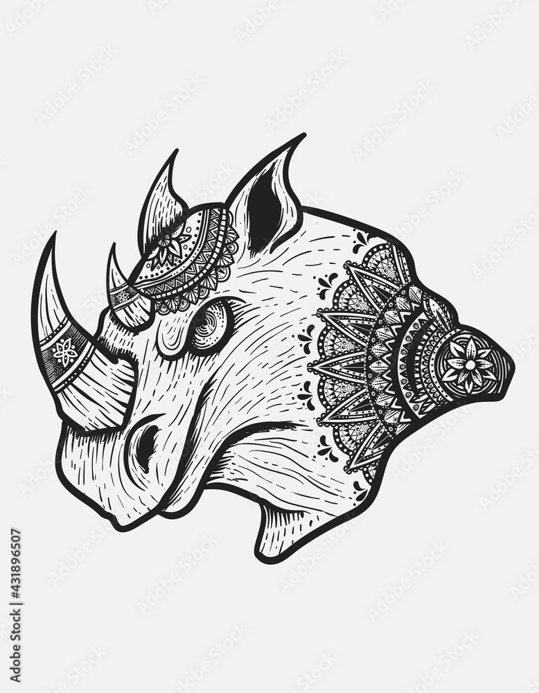 Obraz premium illustration vector rhino head with mandala zentangle style