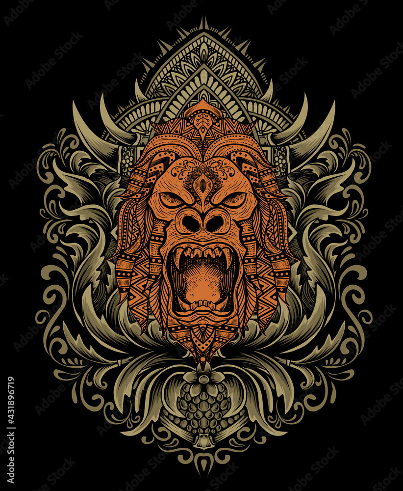 Fototapeta premium illustration vector gorilla mandala head with engraving ornament