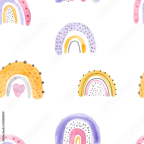 Watercolor hand-drawn color seamless childish simple pattern for kids with cute rainbows in Scandinavian style on a white background. Baby pattern with rainbows. Fabric design. Wallpaper.