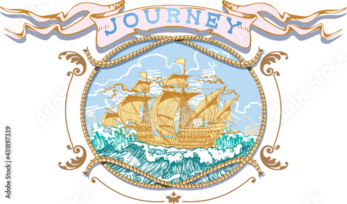 vector image of the emblem of sea voyages, regattas, cruises in the style of retro graphic line art	