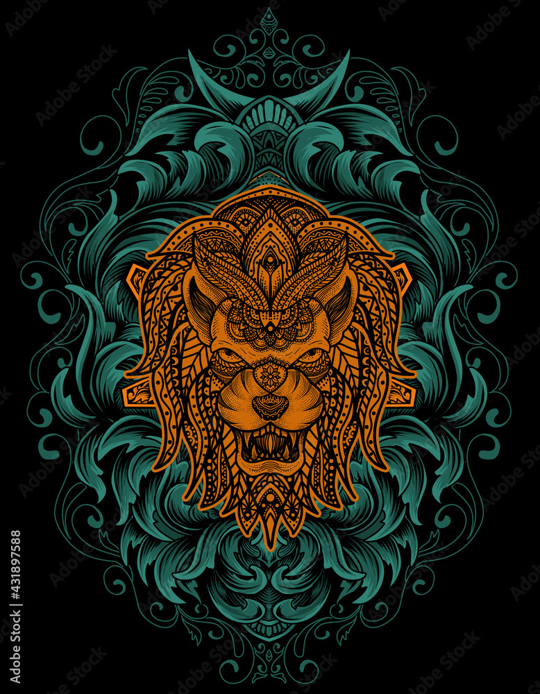 illustration vector lion head with vintage mandala ornament