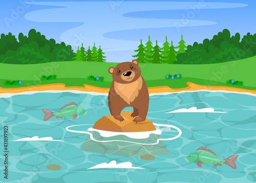 Wild grizzly bear fishing in river. Cartoon vector illustration. Cute wild brown bear standing on stone in streaming river and hunting for fish. Nature, wild animal, zoo, food concept for design