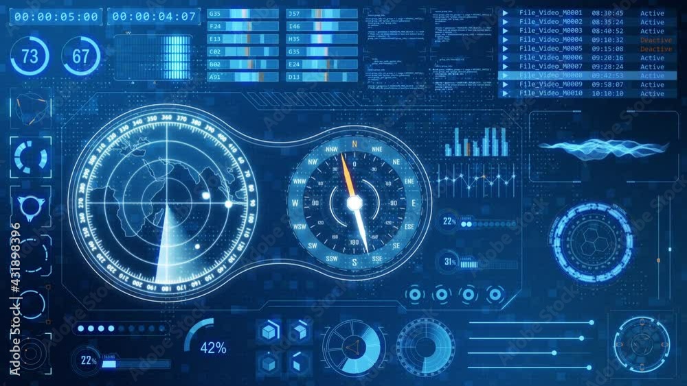 Motion graphic of blue color sonar radar screen searching an object with futuristic head up display ( HUD UI ) technology interface screen and chat panel Motion graphic of blue color sonar radar screen searching an object with futuristic head up display ( HUD UI ) technology interface screen and chat panel