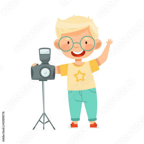 Little Blond Boy with Camera on Stand Taking Photograph Vector Illustration