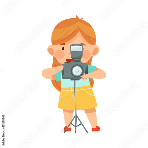 Little Redhead Girl with Camera on Stand Taking Photograph Vector Illustration