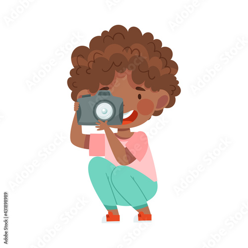 Pretty African American Girl Holding Digital Camera Taking Photograph Vector Illustration