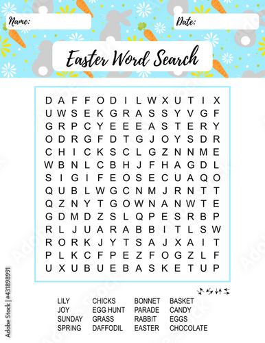 Easter word search puzzle. Educational game for kids. Holiday crossword. Party card.  
Festive colorful worksheet for learning English words. 