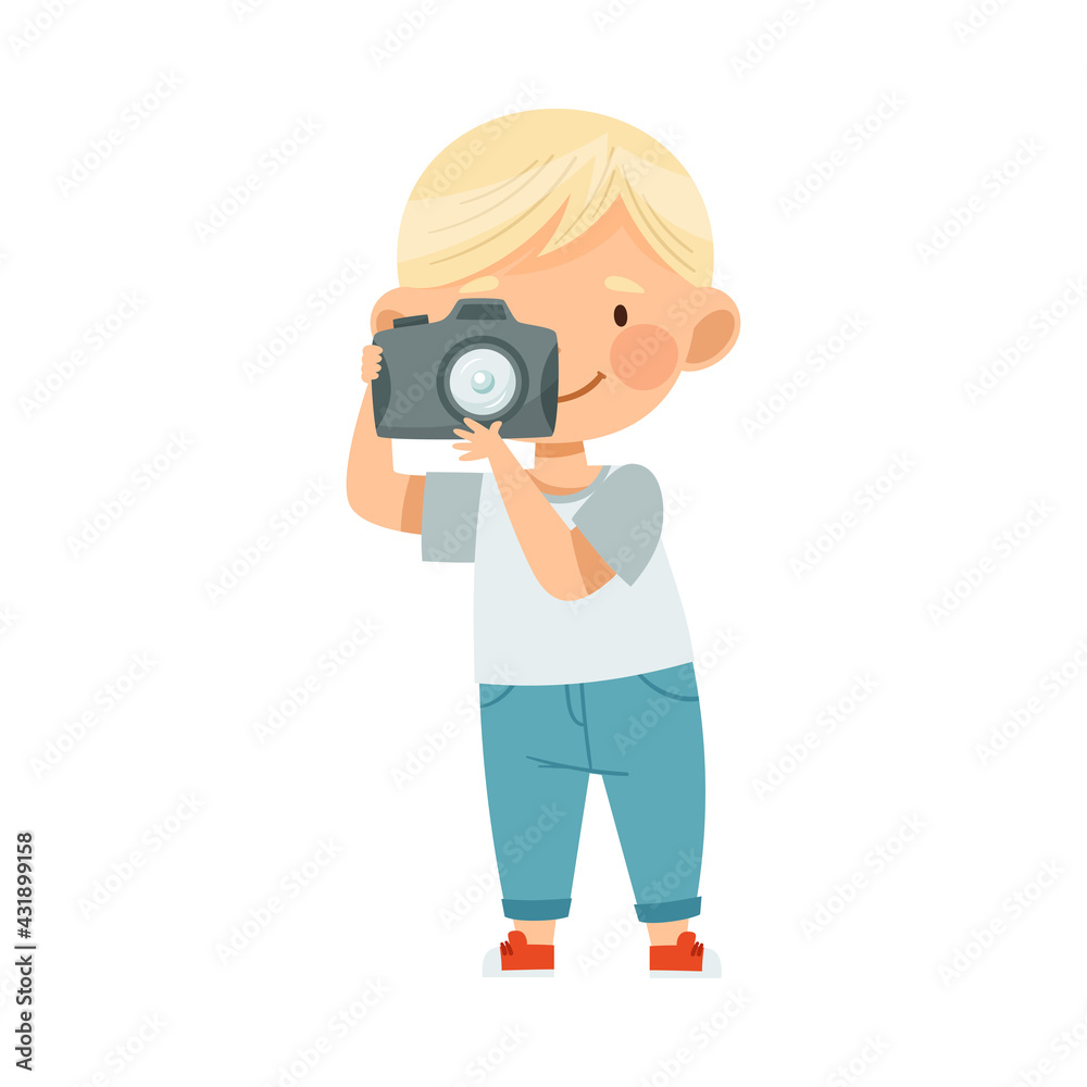 Blond Boy Holding Camera and Taking Photo Vector Illustration Blond Boy Holding Camera and Taking Photo Vector Illustration