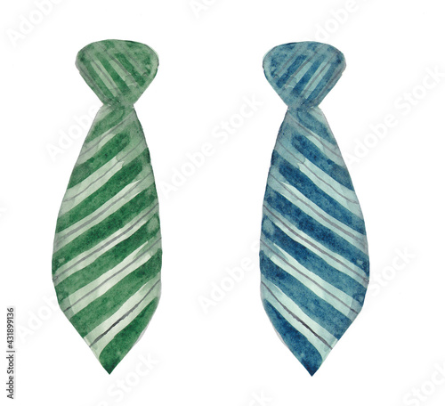 Watercolor set of two neckties in blue and green colors, isolated on white background, elements for cards or decoration for students, boys or on Father's day