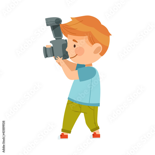 Redhead Boy Holding Camera and Taking Photo Vector Illustration