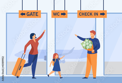 Happy family reunion at airport flat vector illustration. Smiling man holding flowers, meeting his wife and daughter at airport after long separation. Family, airport, love, meeting concept for design