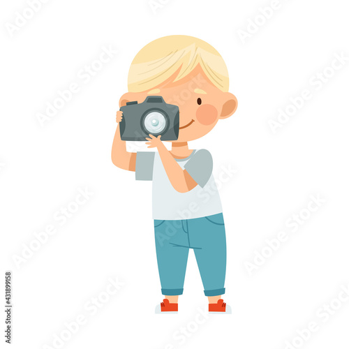 Blond Boy Holding Camera and Taking Photo Vector Illustration