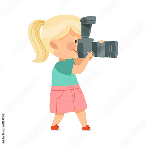 Blond Girl Holding Camera and Taking Photo Vector Illustration