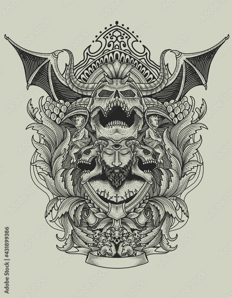 Demon skull with antique engraving pattern-vector illustration