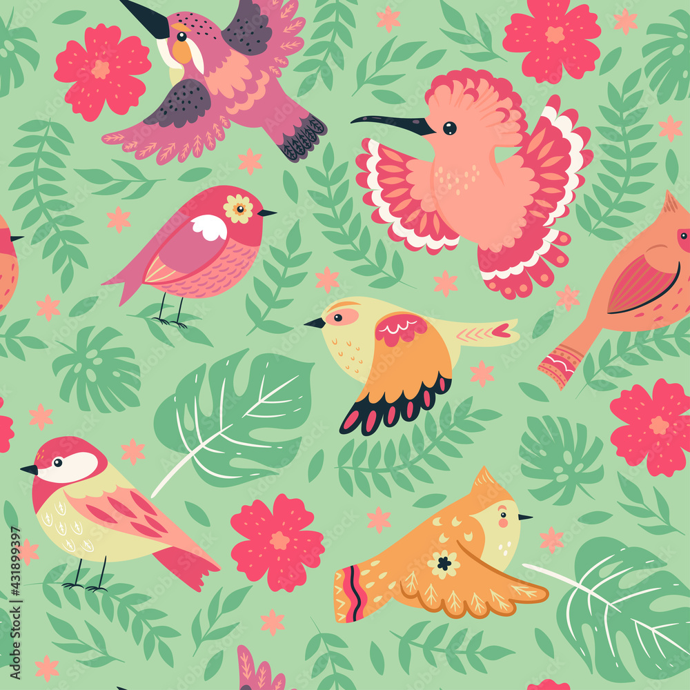 Obraz premium Seamless pattern with cute birds. Vector graphics.
