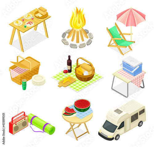 Campfire, Camper Van and Hamper with Food as Picnic and Summer Outdoors Meal Isometric Vector Set