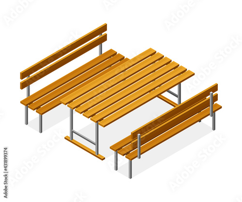 Wooden Benches and Table as Picnic Place Isometric Vector Illustration