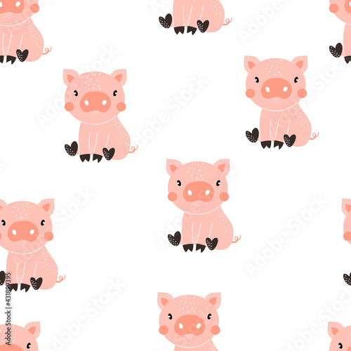Fototapeta Naklejka Na Ścianę i Meble -  Vector hand-drawn color seamless repeating childish simple pattern with cute pigs in Scandinavian style on a white background. Trendy scandinavian vector background. Pigs print. Cute animals. Farm.