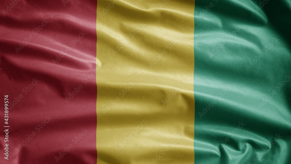 Guinean flag waving in the wind. Guinea banner blowing soft silk.