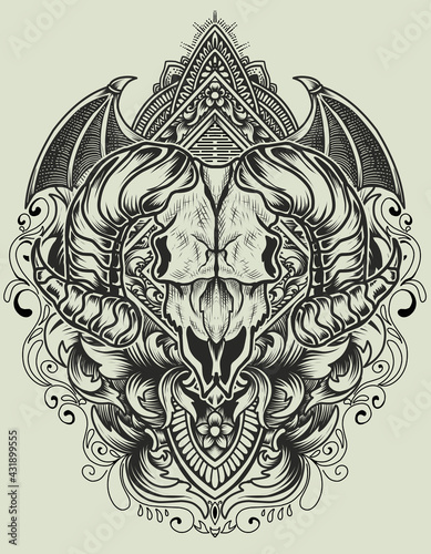 illustration vector goat skull with vintage engraving ornament