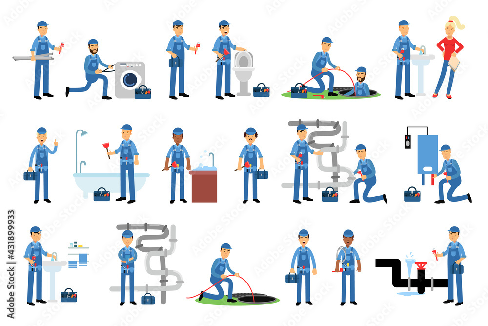 Young Man Plumber Wearing Blue Overall Fixing Tubes and Pipe Lines Vector Illustration Set