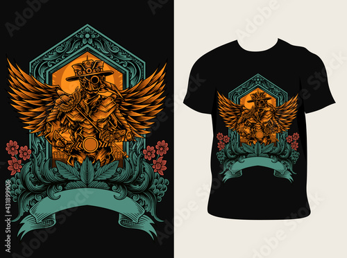 Illustration vector plague doctor robotic costume with vintage engraving ornament