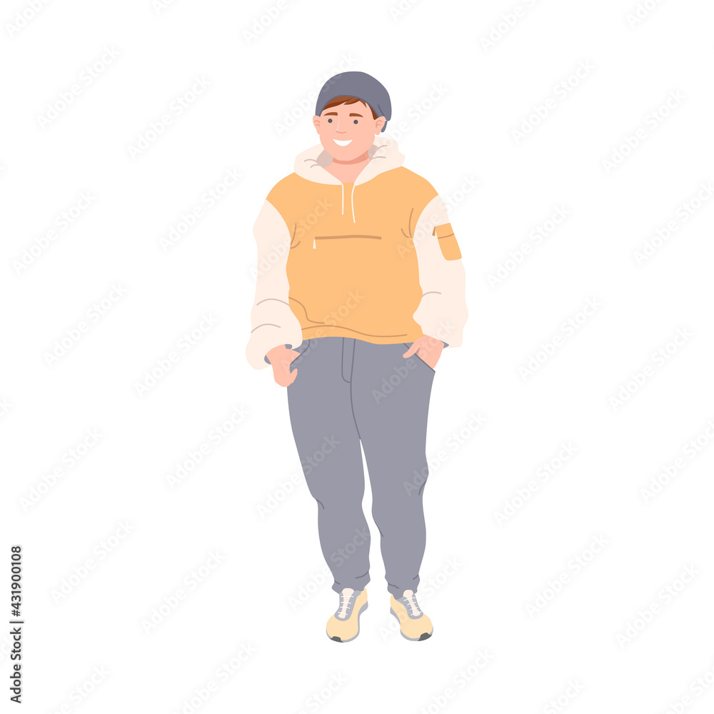 Young Man Character with Corpulent Body Wearing Hoody in Standing Pose Full Length Vector Illustration