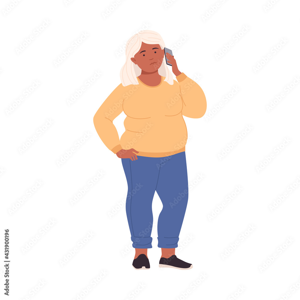 Fototapeta premium Blond Woman Character with Corpulent Body in Standing Pose Speaking by Phone Full Length Vector Illustration