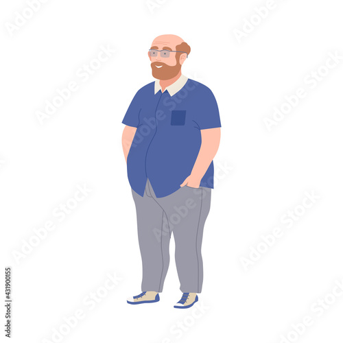 Bald and Bearded Man in Glasses with Corpulent Body in Standing Pose Full Length Vector Illustration