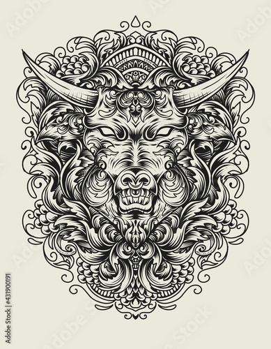 Illustration vector bull head with engraving ornament style