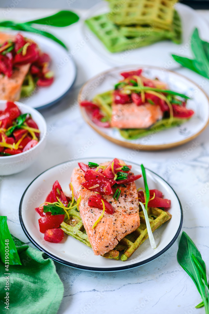 Waffles with wild garlic and salmon..style rustic Waffles with wild garlic and salmon..style rustic