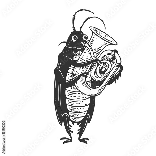 Cartoon cockroach orchestra playing the huge brass tube trumpet sketch engraving vector illustration. T-shirt apparel print design. Scratch board imitation. Black and white hand drawn image.
