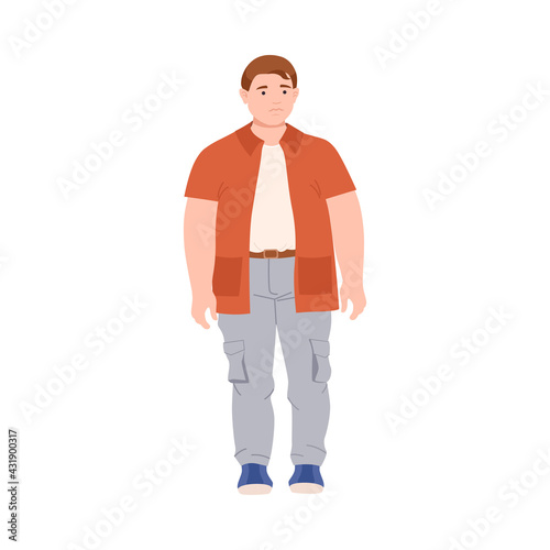 Young Man Character with Corpulent Body in Standing Pose Full Length Vector Illustration