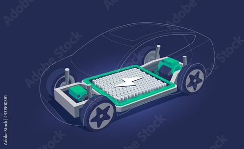 Electric car inside chassis with high energy battery cells pack modular platform. Skateboard module board. Vehicle components motor powertrain, controller with bodywork wheels. Vector illustration.