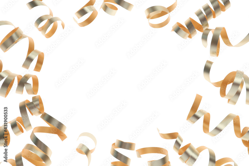 Frame of shiny serpentine streamers on white background, top view. Space for text Frame of shiny serpentine streamers on white background, top view. Space for text