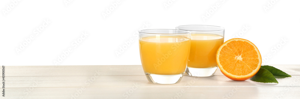 Delicious orange juice and fresh fruit on wooden table against white background. Space for text Delicious orange juice and fresh fruit on wooden table against white background. Space for text