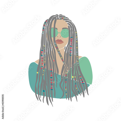 American woman braids set african drawn for design. Young lady portrait. Oriental people. Boho style. Vector drawing. Beautiful model face. Vector graphic illustration. Fashion print.