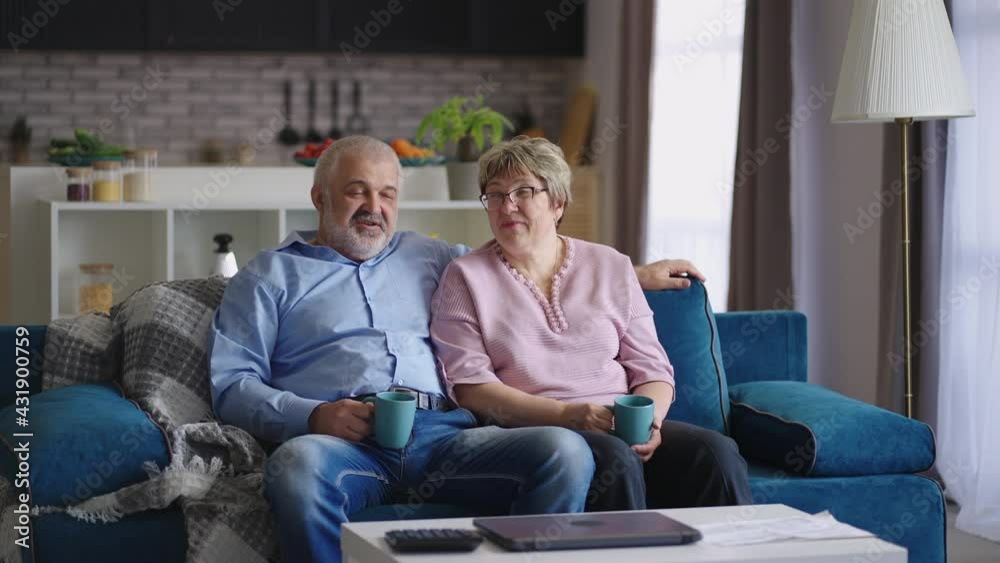 elderly man and woman are communicating in living room of their apartment, retirees are sitting together on couch and drinking tea elderly man and woman are communicating in living room of their apartment, retirees are sitting together on couch and drinking tea