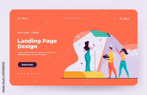 Cameraman and photographer shooting performer. Woman with mic singing on stage flat vector illustration. Concert, talent show, reportage concept for banner, website design or landing web page