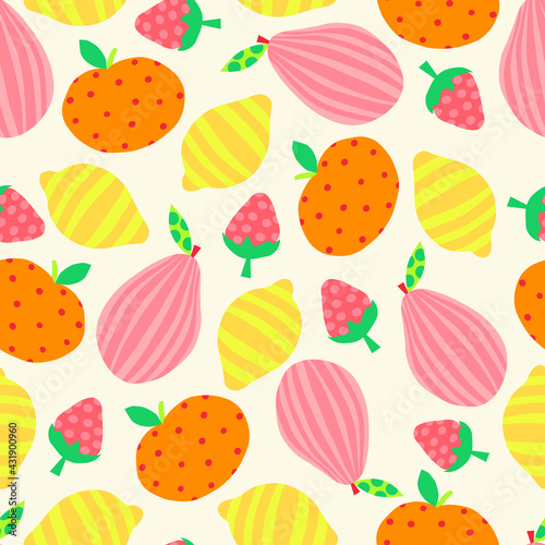 Summer Fruit seamless vector pattern. Abstract pear apple lemon strawberry repeating background cute bright colorful . For summer decor, fabric, fashion, kids wear, kitchen, surface pattern design.