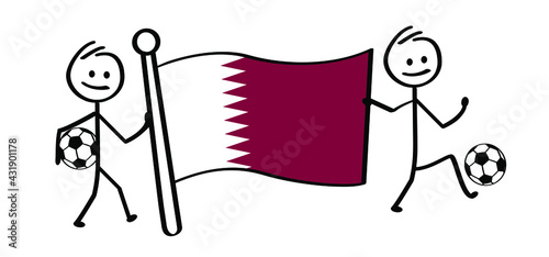 Cartoon stickman with the flag of Qatar and football. Stick figure man with soccer ball. Funny vector sport icon. Sport finale or school game cup. 